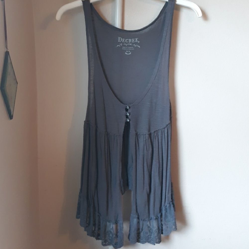 DECREE Vintage Deadstock Y2k GRAY LACE TRIMMED FLOWY BOHO TUNIC TOP M
